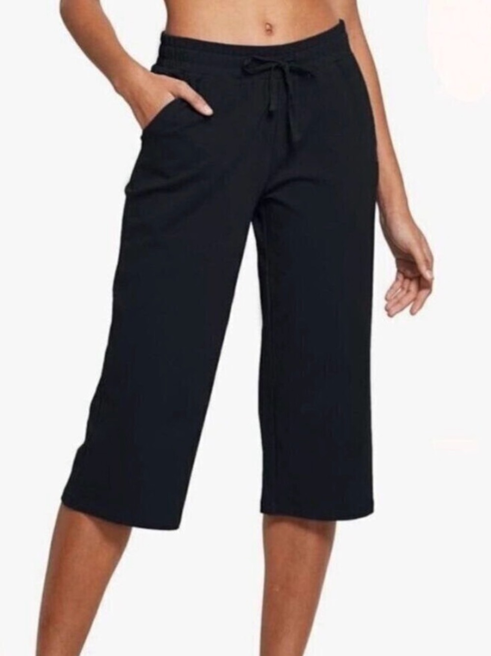 Baleaf Womens Athletic Capri Pants - Elastic Waist Pockets Black Comfortable Fit